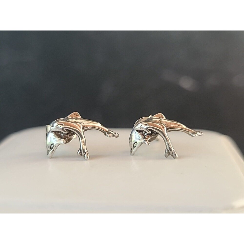 925 Sterling Silver Dolphin Mom And Baby Shaped Stud Earrings Vintage